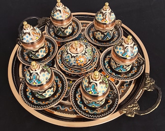 Copper Turkish Coffee Set, Greek Coffee Set, Traditional Ottoman Coffee Set, Handmade Coffee Pot, Espresso Set, Coffee gifts, 15.3" W (Tray)