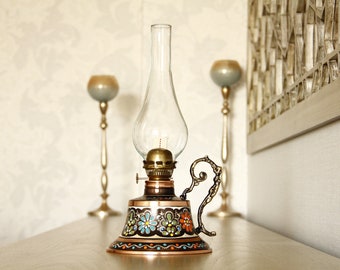 Mothers Day Gift, Big Vintage Oil Lamp, Copper Oil Lamp, Gas Lamp, Home Decor, Antique Oil Lamp, Great Gift for Her, Kerosene Lamp
