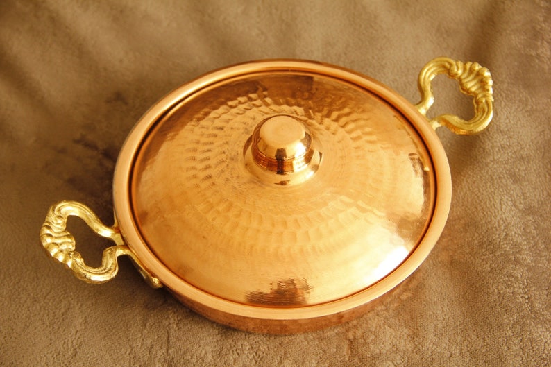 Handgjord kopparpanna, omelett och kastrull, vintage kopparkruka, kopparkastruller, gryta, gryta, kopparpanna med lock bild 5