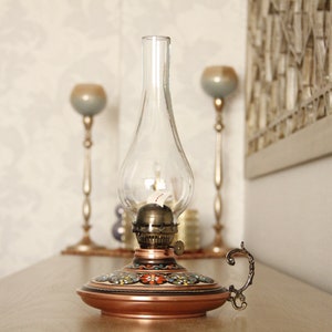 Vintage Oil Lamp, Copper Oil Lamp, Gas Lamp, Pottery Oil Lamp, Home Decor, Antique Oil Lamp Great Gift for Her