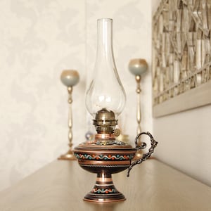 Big Vintage Oil Lamp, Copper Oil Lamp, Gas Lamp, Pottery Oil Lamp, Home Decor, Antique Oil Lamp Great Gift for Her, Kerosene Lamp