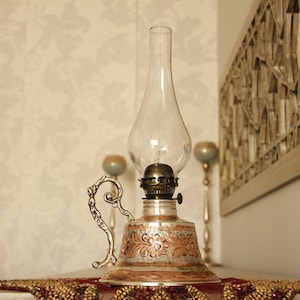Big Vintage Oil Lamp, Copper Oil Lamp, Gas Lamp, Pottery Oil Lamp, Home Decor, Antique Oil Lamp , Kerosene Lamp