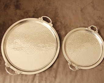 Handmade Copper Serving Tray, Round Tray, Large Tray, Vintage Tray, Decorative Tray, Copper Tray, Silver Color Gift Wide 33 cm Length 39 cm