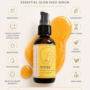 Puede incluir: Una botella de vidrio &aacute;mbar oscuro de VIVRE Essential Glow Face Serum con un dispensador de bomba negro. La etiqueta presenta un dise&ntilde;o de rostro minimalista. La imagen destaca los beneficios del s&eacute;rum: suavizante, iluminador, hidratante y antienvejecimiento.