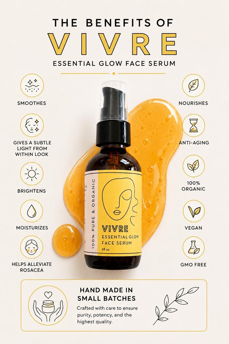 Puede incluir: Una botella de vidrio &aacute;mbar oscuro de VIVRE Essential Glow Face Serum con un dispensador de bomba negro. La etiqueta presenta un dise&ntilde;o de rostro minimalista. La imagen destaca los beneficios del s&eacute;rum: suavizante, iluminador, hidratante y antienvejecimiento.