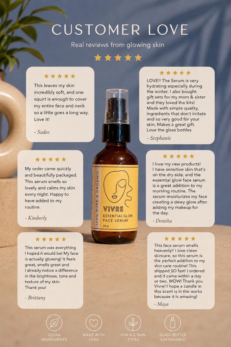 Puede incluir: Una botella de vidrio marr&oacute;n de Vivre Essential Glow Face Serum con una bomba negra, rodeada de rese&ntilde;as de clientes. La botella tiene una etiqueta amarilla con un dise&ntilde;o de rostro minimalista y las palabras "100% Pure & Organic".