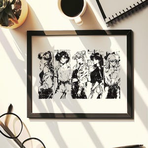 Hand Drawn (Not a Print) Framed Pen & Ink Magical Girls Poster | Retro Shoujo Anime Wall Art | Hand Drawn 90s Aesthetic Gift