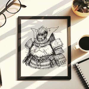 Arte mural de gato samurái: dibujo a mano (no impreso), dibujo a tinta de gato guerrero, decoración de escritorio, regalo para amantes de los gatos.