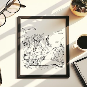 Handgetekende (geen afdruk) anime Gunner Girl Art | Handgetekende post-apocalyptische krijgerillustratie | Stoer portret heldin-inkt
