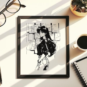 Hand Drawn (Not a Print) R.ei Hin.o Framed Pen and Ink Art Drawing Anime Wall Decor Unique Gift