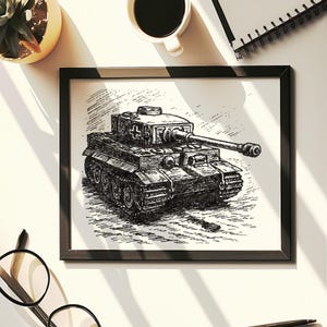 Hand Drawn (Not a Print) Tiger Tank WWII Framed Art | Original Pen Drawing, History Decor