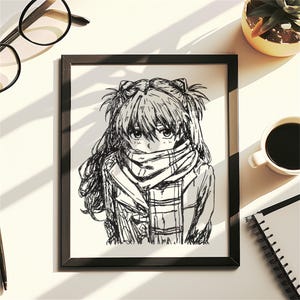Hand Drawn (Not a Print) A.suka Lan.gley Anime Art Decor Framed Anime Drawing Original Artwork
