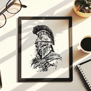 Arte mural de guerrero espartano: dibujo a mano (no impreso), dibujo a tinta de casco griego antiguo, ideal como regalo para decorar tu escritorio o tu cueva.