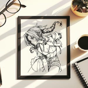 Dibujo a mano (no es una impresión) Aerit.h Arte en tinta enmarcado / Dibujo original a pluma, decoración de anime