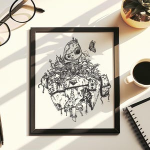 Arte de robot gigante dibujado a mano (no es una impresión) enmarcado con pluma y tinta / Espíritu de máquina inspirado en anime dibujado a mano / La naturaleza recupera a un gigante mecánico