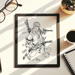 Hand Drawn (Not a Print) Framed Pen & Ink Swordsman Art | Three-Blade Anime Warrior Drawing | Hand Drawn Samurai Style Poster