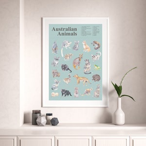Póster de arte A2 grande de animales australianos, arte de pared, decoración de guardería, impresión de vida silvestre australiana, póster de aprendizaje, decoración de la habitación del bebé