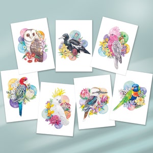 Australian Birds Postcards set, Magpie, Pink Galah, Kookaburra, Lorikeet, Rosella, Cockatoo, Masked Owl with Aussie Orchid drawing