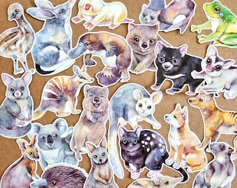 Aquarel dierenstickerset, handgetekende Australische dieren in het wild, vinylstickers, Australische dieren, schattige stickers, cadeau voor natuurliefhebbers