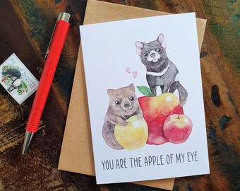 Love card, Watercolour Australian Wombat & Tasmanian Devil Greeting card, You are the apple of my eye, Eco Card, Illustration art, cute card