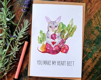 Love card, Watercolour Possum Greeting cards, You make my heart beet, Eco Card, Illustration art card print, animal pun card , beetroot