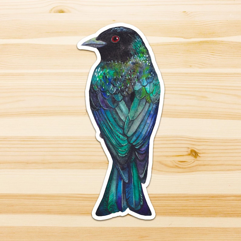Op de afbeelding: Een gestanste sticker met een aquarelillustratie van een vogel met iriserend verenkleed. De vogel heeft een zwarte kop, een felrood oog en veren die verlopen van dieppaars naar levendige tinten blauwgroen en groen over het lichaam.