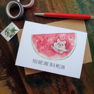 Cartão de amor, cartão australiano Quokka, Você é um em melão, cartão ecológico, impressão de cartão de arte ilustrativa, cartão fofo, cartão de melancia, Quokka
