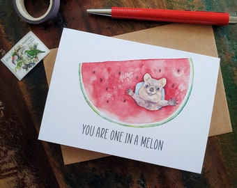 Love card, Australian Quokka greeting card, You are one in melon, Eco card, Illustration art card print, cute card, Watermelon card, Quokka