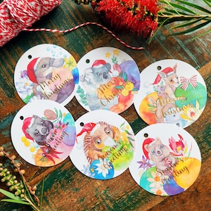 Weihnachten Geschenkanhänger, 6 australische Tiere, Koala, Känguru, Quokka, Schnabeltier, Wombat, Echidna Aquarell Zeichnung, Geschenk für Tierfreund