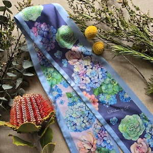 Aquarell Hortensie, Mutterblume & Dahlie schmaler Schal - Botanical Art Band, Stirnband oder Tasche Wrap