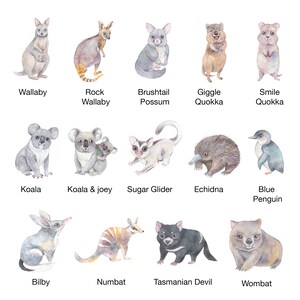 May include: Watercolor illustrations of Australian animals, including a wallaby, rock wallaby, brushtail possum, giggle quokka, smile quokka, koala, koala and joey, sugar glider, echidna, blue penguin, bilby, numbat, Tasmanian devil, and wombat.