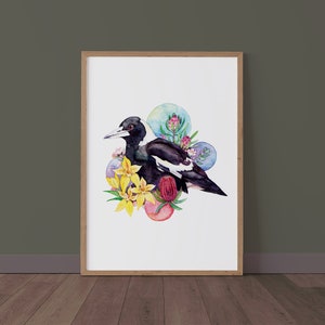 Magpie watercolour artwork, Watercolour art print, Australian wildlife print, bird wall art, painting, botanical print, wall decor