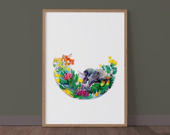 Echidna watercolour art print, Australian Natives Plant Drawing, Wall Art, Australian wildlife art print, baby room decor, animal painting