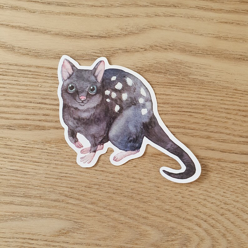 May include: A sticker of a black and white spotted quoll, a marsupial native to Australia. The quoll is depicted in a cartoon style with large eyes and a friendly expression.