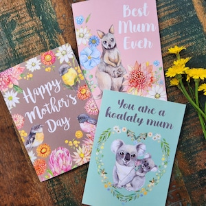 Carte fête des mères, carte oiseau et fleur, carte mère koala, carte kangourou, carte amour, carte écologique, cartes pour maman, carte animal australien