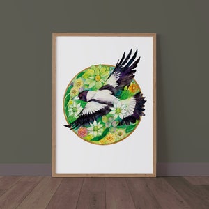 Magpie watercolour artwork, Watercolour art print, Australian wildlife print, bird wall art, painting, botanical drawing prints