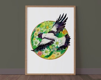 Magpie watercolour artwork, Watercolour art print, Australian wildlife print, bird wall art, painting, botanical drawing prints
