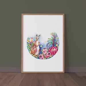 May include: Watercolor painting of a kangaroo surrounded by colorful flowers and foliage. The kangaroo is brown and white, and the flowers are pink, red, and yellow. The background is a light blue.