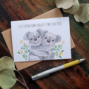 Cartão de amor, coala australiano em aquarela, vamos passar algum tempo juntos com coalas, cartão ecológico, impressão de cartão de arte ilustrativa, animal australiano