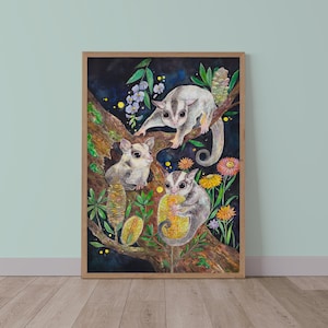 Sugar glider art, Watercolour artwork, Art print, Australian wildlife drawing, Floral artwork, Kid room decor, fairy tale print, dark