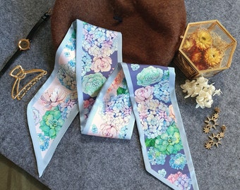Narrow long scarf, Watercolour Hydrangea and Succulent print scarf, for Headband, Handbag Warp, Ribbon, botanical art