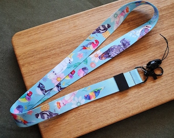 Australian birds watercolour artworks, Light blue lanyard, Light Purple lanyard, For Keys, Teachers, Medical, Nurse, id holder