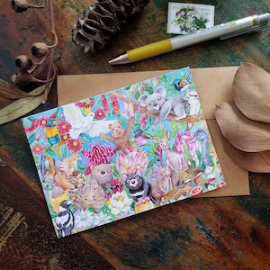 Wenskaarten, aquarel Australische dierenfamilie wenskaarten, Eco Card, illustratie kunstkaart afdrukken, Australische fauna en flora