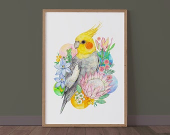 Cockatiel watercolour artwork, Watercolour art print, Australian wildlife art, bird wall art, bird painting, botanical print, wall decor