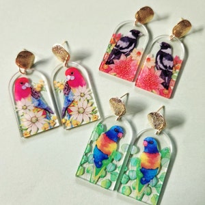 Könnte beinhalten: Ein Set mit sechs bunten Vogelering. Die Ohrringe sind aus klarem Acryl und zeigen eine Vielzahl von Vögeln, darunter ein Regenbogenlori, ein rosa-blauer Vogel und ein schwarz-weißer Vogel. Die Ohrringe sind perfekt, um jedem Outfit einen Hauch von Verspieltheit zu verleihen.