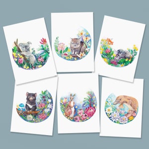 Australian Animals Postcard Set, Tasmanian Devil, Koala, Wombat, Wallaby, Echidna, Platypus and Aussie native plant, recycled paper