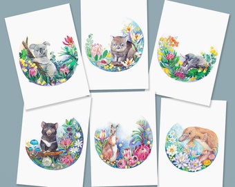 Australian Animals Postcard Set, Tasmanian Devil, Koala, Wombat, Wallaby, Echidna, Platypus and Aussie native plant, recycled paper