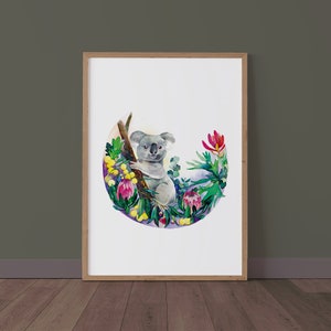 Koala watercolour art print, Australian Natives Plant Drawing, Wall Art, Australian wildlife art print, baby room decor, animal painting