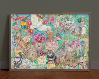 Australian Animals Family, Watercolour art print, decor for baby nursery room, Australian wildlife print, bird and animal wall art, painting