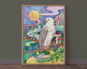 Könnte beinhalten: Ein Aquarellbild eines weißen Vogels mit einem blauen Schmetterling, Pilzen und einem Mond in einer fantasievollen Waldlandschaft.